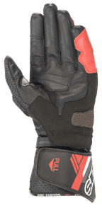 Alpinestars SP-8 V3 Lederhandschuhe, Schwarz, Weiß und Bright Red, Handflächenansicht mit verstärkter Lederkonstruktion, gepolsterten Griffeinsätzen und einer langen Manschette mit Klettverschluss und „ONE VISION“-Branding