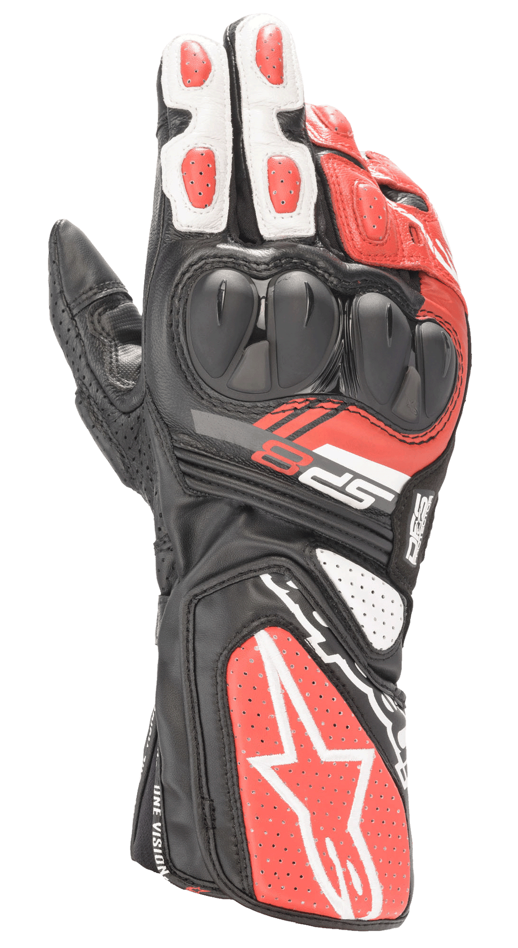Alpinestars SP-8 V3 Handschuhe, Motorrad-Rennhandschuhe, Schwarz, Weiß und Hellrot, mit doppelt gehärtetem Knöchelschutz, perforierten Ledereinsätzen und langer Manschette mit markantem Alpinestars-Branding, entwickelt für Rennstrecken-Performance und Straßensicherheit