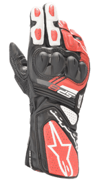 Alpinestars SP-8 V3 Handschuhe, Motorrad-Rennhandschuhe, Schwarz, Weiß und Hellrot, mit doppelt gehärtetem Knöchelschutz, perforierten Ledereinsätzen und langer Manschette mit markantem Alpinestars-Branding, entwickelt für Rennstrecken-Performance und Straßensicherheit