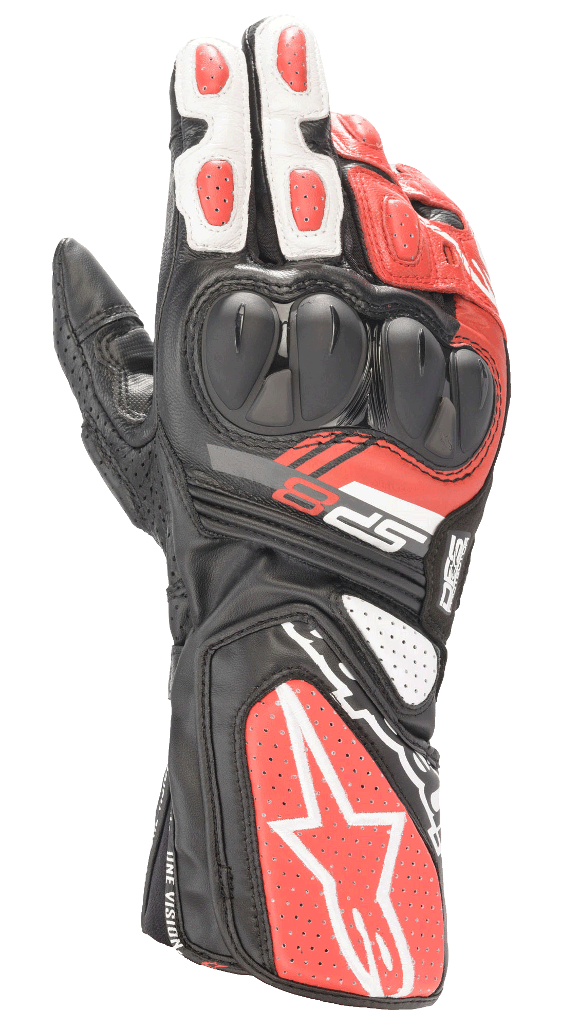 Alpinestars SP-8 V3 Handschuhe, Motorrad-Rennhandschuhe, Schwarz, Weiß und Hellrot, mit doppelt gehärtetem Knöchelschutz, perforierten Ledereinsätzen und langer Manschette mit markantem Alpinestars-Branding, entwickelt für Rennstrecken-Performance und Straßensicherheit