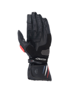 Alpinestars Honda SP-8 V3 Handschuhe, Motorradrennhandschuhe für Herren, Schwarz mit hellroten und blauen Akzenten, hochwertiges Leder, verstärkte Handfläche mit Handflächenslider, Handflächenansicht.