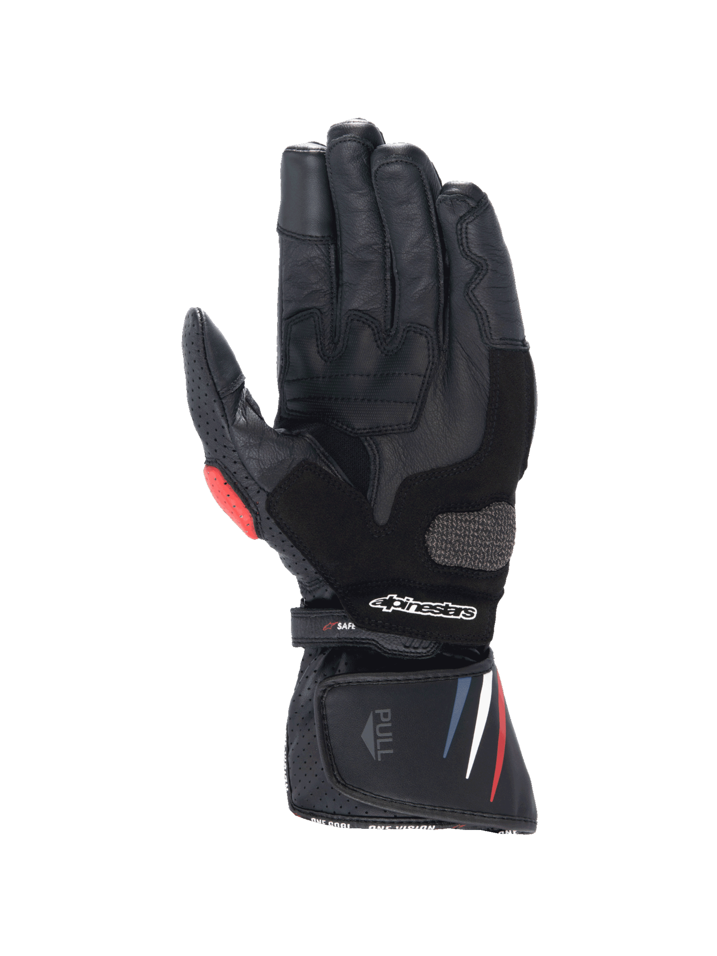Alpinestars Honda SP-8 V3 Handschuhe, Motorradrennhandschuhe für Herren, Schwarz mit hellroten und blauen Akzenten, hochwertiges Leder, verstärkte Handfläche mit Handflächenslider, Handflächenansicht.