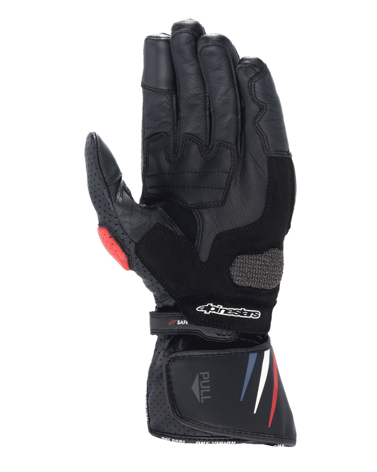 Alpinestars Honda SP-8 V3 Handschuhe, Motorradhandschuhe, Schwarz mit roten und blauen Akzenten, Innenansicht zeigt Vollnarbenleder-Konstruktion, verstärkten Handflächenschleifer, perforierte Details und verlängerte Manschette mit Alpinestars-Logo.