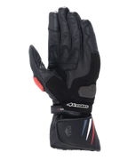 Alpinestars Honda SP-8 V3 Handschuhe, Motorradhandschuhe, Schwarz mit roten und blauen Akzenten, Innenansicht zeigt Vollnarbenleder-Konstruktion, verstärkten Handflächenschleifer, perforierte Details und verlängerte Manschette mit Alpinestars-Logo.