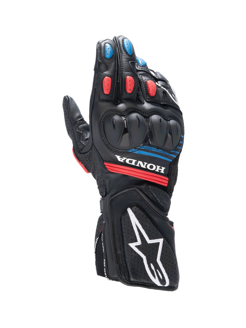 Alpinestars Honda SP-8 V3 Handschuhe, Herren-Motorradhandschuhe, Schwarz und Rot mit blauen Akzenten, Knöchelschutz, Leder.