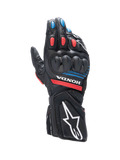 Alpinestars Honda SP-8 V3 Handschuhe, Herren-Motorradhandschuhe, Schwarz und Rot mit blauen Akzenten, Knöchelschutz, Leder.