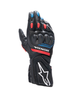 Alpinestars Honda SP-8 V3 Handschuhe, Herren-Motorradhandschuhe, Schwarz und Rot mit blauen Akzenten, Knöchelschutz, Leder.
