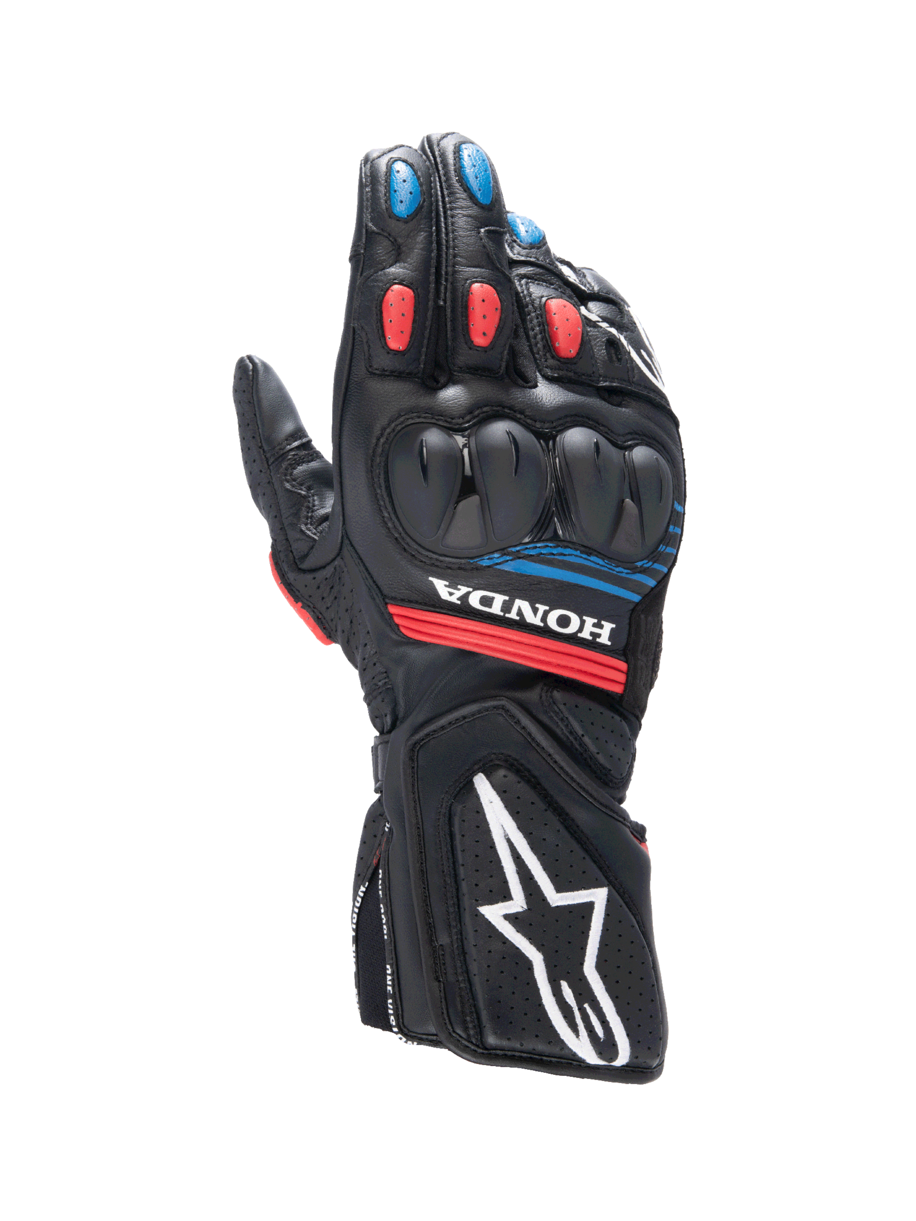 Alpinestars Honda SP-8 V3 Handschuhe, Herren-Motorradhandschuhe, Schwarz und Rot mit blauen Akzenten, Knöchelschutz, Leder.