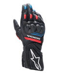 Alpinestars Honda SP-8 V3 Handschuhe, Motorrad-Rennhandschuhe, Schwarz mit leuchtend roten und blauen Akzenten, mit hartem Dual-Density-Knöchelschutz, perforierter Lederkonstruktion, Honda-Logo am Handgelenk und einem großen weißen Alpinestars-Logo auf der Stulpe