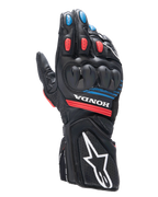 Alpinestars Honda SP-8 V3 Handschuhe, Motorrad-Rennhandschuhe, Schwarz mit leuchtend roten und blauen Akzenten, mit hartem Dual-Density-Knöchelschutz, perforierter Lederkonstruktion, Honda-Logo am Handgelenk und einem großen weißen Alpinestars-Logo auf der Stulpe