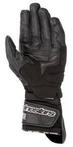 Alpinestars SP-8 V3 Air Handschuhe, Motorradhandschuhe, Schwarz, Handflächenansicht mit verstärkter Lederkonstruktion, Grip-Einsätzen und einem breiten Handgelenkriemen mit weißem Branding für eine sichere Passform.