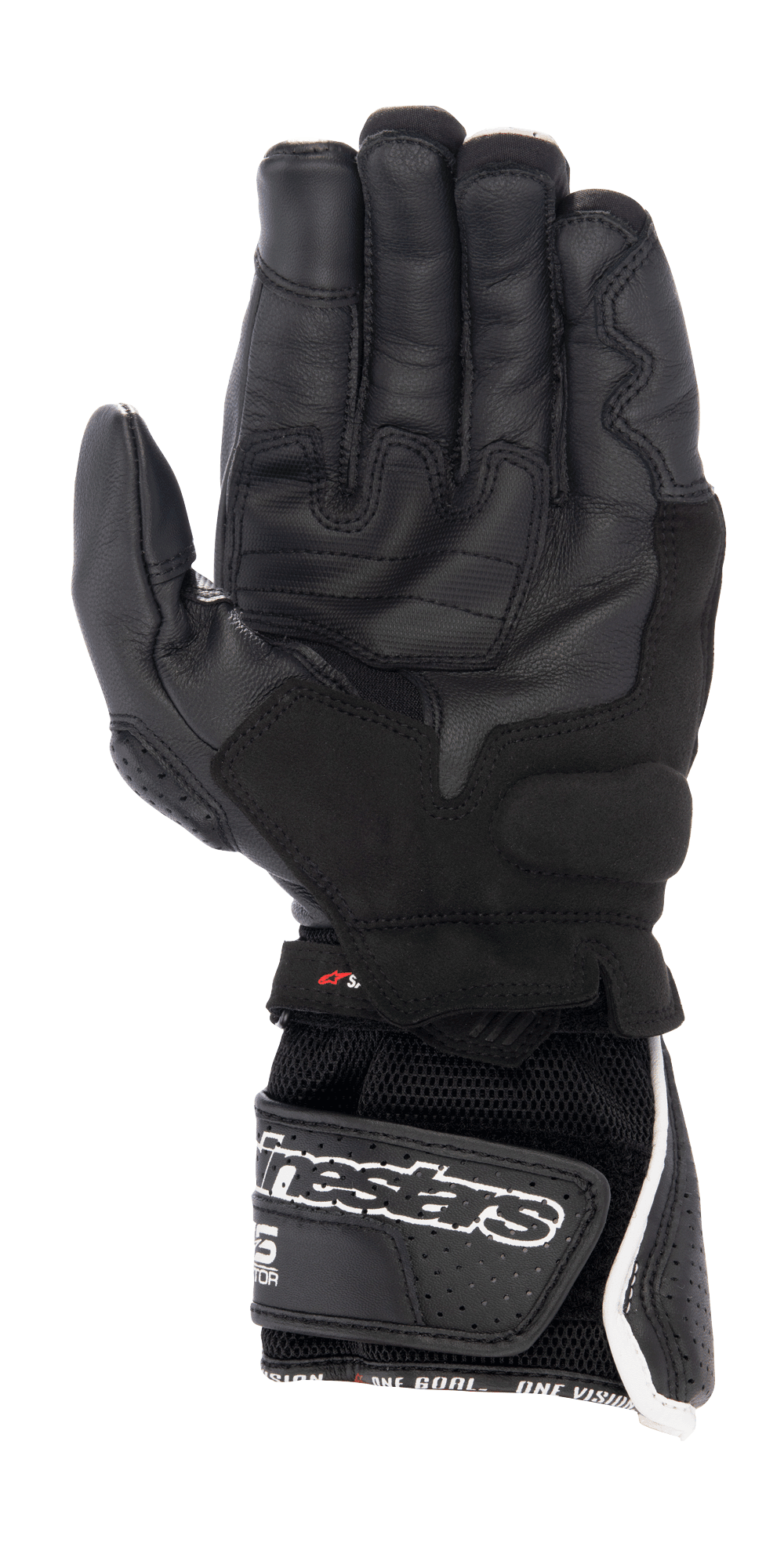 Alpinestars SP-8 V3 Air Handschuhe, Motorradhandschuhe, Schwarz mit weißen und roten Akzenten, Handflächenansicht mit perforiertem Leder, verstärkten Griffbereichen und einer 3D-Mesh-Manschette mit großem Alpinestars-Logo auf dem Klettverschluss