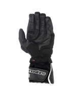 Alpinestars SP-8 V3 Air Handschuhe, Motorrad-Rennsport-Handschuhe für Herren, Schwarz und Weiß, Innenansicht der griffigen Handfläche aus perforiertem Leder mit Klettverschluss am Handgelenk.