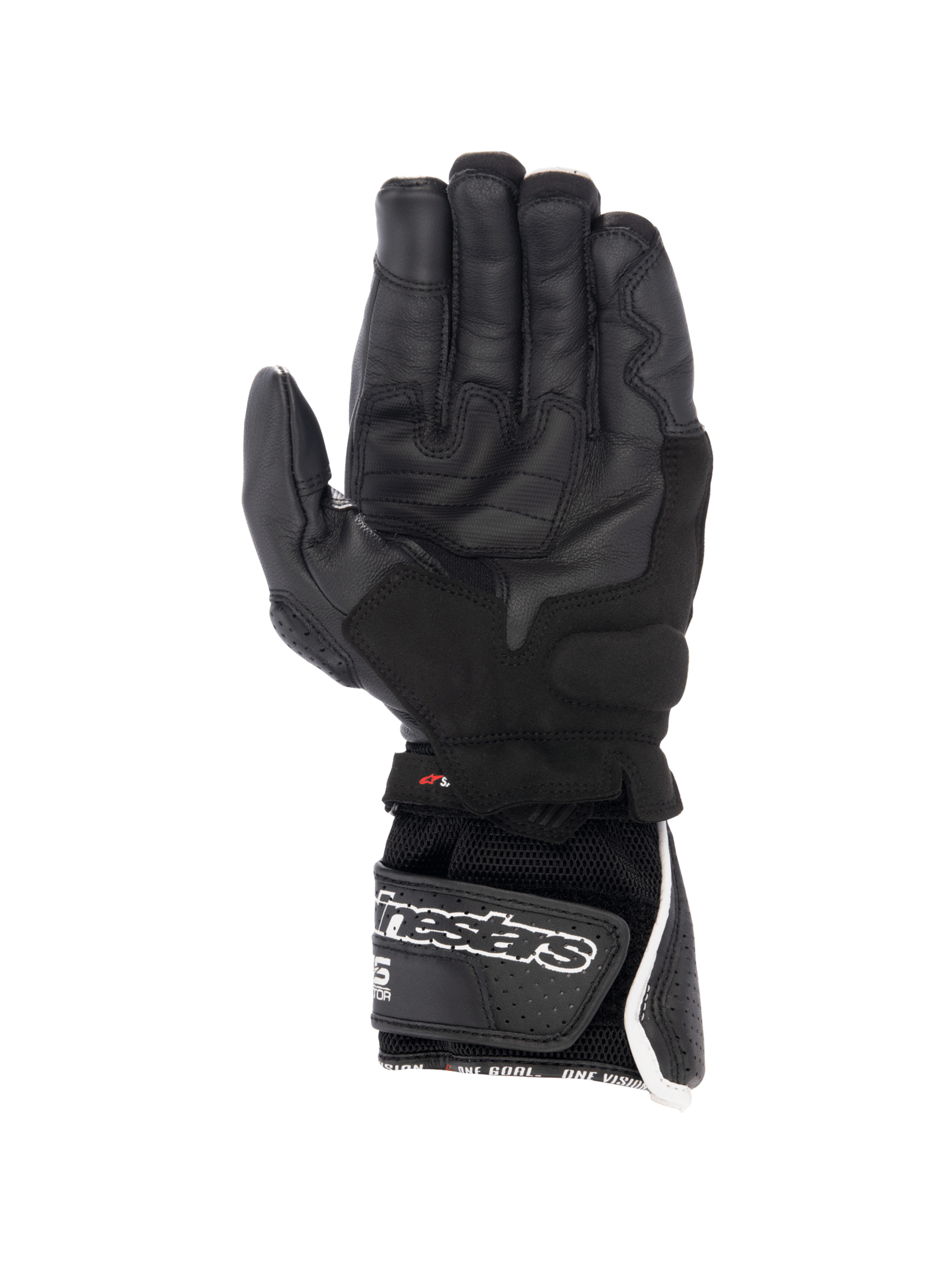 Alpinestars SP-8 V3 Air Handschuhe, Motorrad-Rennsport-Handschuhe für Herren, Schwarz und Weiß, Innenansicht der griffigen Handfläche aus perforiertem Leder mit Klettverschluss am Handgelenk.