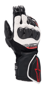 Alpinestars SP-8 V3 Air Handschuhe, Motorrad-Rennhandschuhe, Schwarz, Weiß und Leuchtend Rot, mit perforierter Lederkonstruktion, doppelt gehärtetem Knöchelschutz, 3D-Mesh-Einsätzen und roten Logo-Akzenten an der Manschette