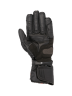 Alpinestars SP-8 HDry Gloves, black waterproof leather motorcycle racing gloves featuring a reinforced palm and dual closure.