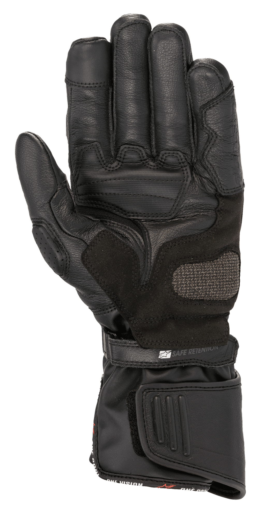 Alpinestars SP-8 HDry® Handschuhe, Motorradhandschuhe, Schwarz, Handinnenansicht mit verstärkter Lederkonstruktion, ARShield-Landezone und doppeltem Verschlusssystem mit 'Safe Retention'-Riemen, wasserdichter Schutz für sportliches Fahren
