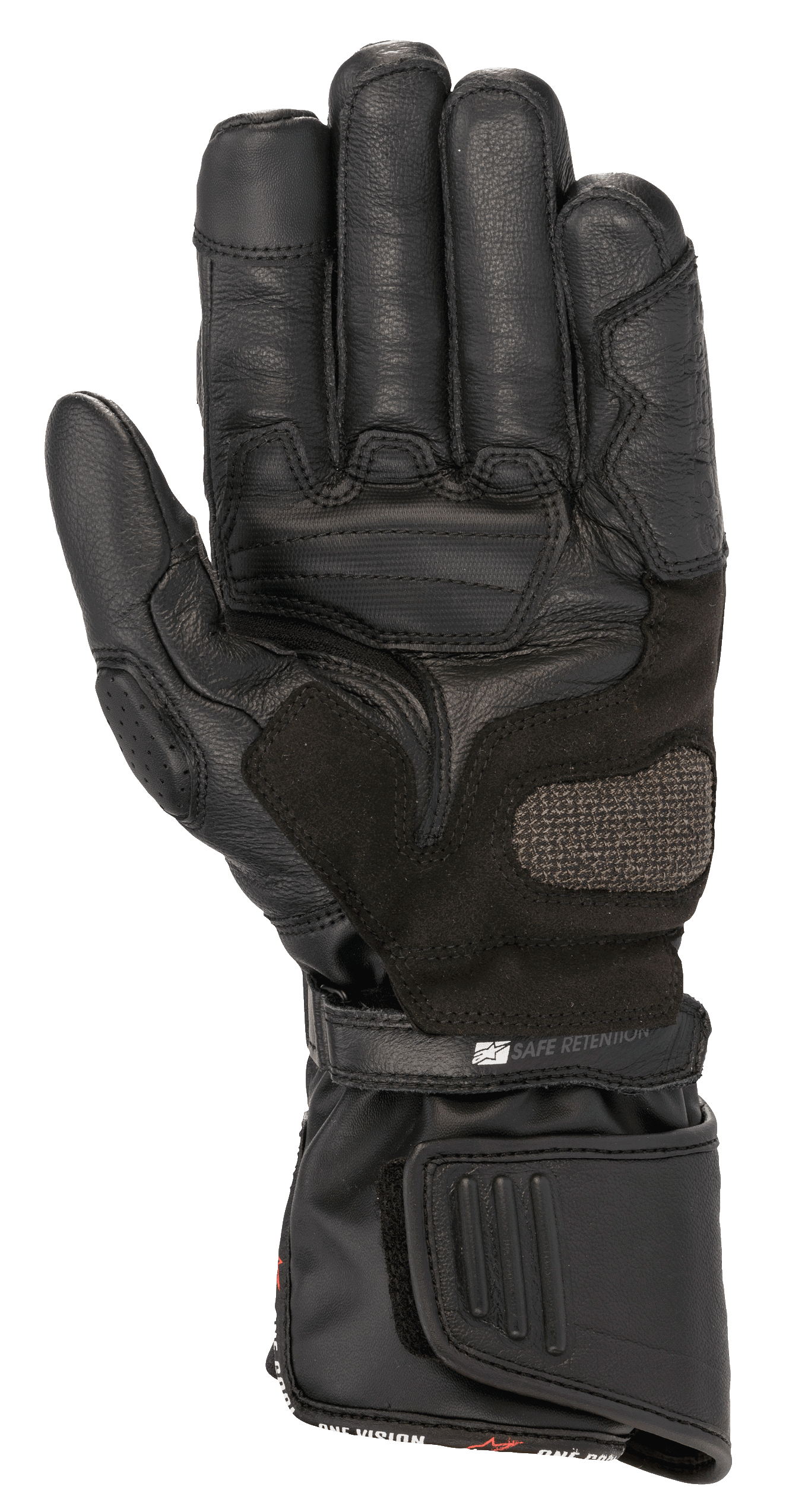 Alpinestars SP-8 HDry® Handschuhe, Motorradhandschuhe, Schwarz, Handinnenansicht mit verstärkter Lederkonstruktion, ARShield-Landezone und doppeltem Verschlusssystem mit 'Safe Retention'-Riemen, wasserdichter Schutz für sportliches Fahren