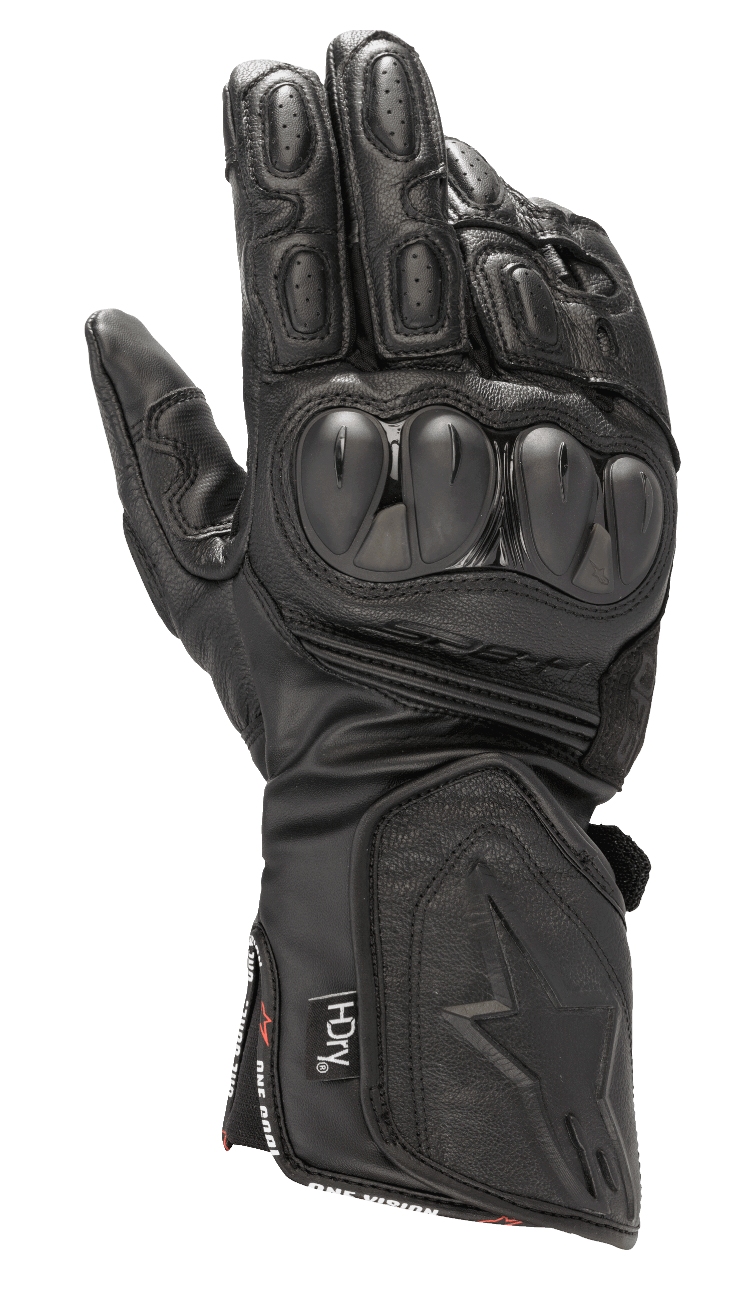 Alpinestars SP-8 HDry Handschuhe, wasserdichte Motorrad-Rennhandschuhe, Schwarz, Hartschalen-Knöchelprotektoren mit doppelter Dichte, strukturiertes Leder mit Perforationen, gepolsterte Finger, lange Stulpe mit geprägtem Stern-Logo und HDry-Technologie-Branding