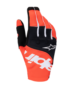 Alpinestars 2025 Techstar Gloves, Motocross Gloves, Black and Hot Orange, featuring white Alpinestars branding across the backhand, white star logo on black knuckle panel, performance textile gear for off-road racing