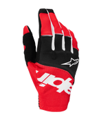 Alpinestars 2025 Techstar Gloves, Motocross Gloves, Black and Bright Red with White Accents, featuring large sublimated Alpinestars branding on the backhand and star logo on the knuckles, durable stretch fabric for off-road racing