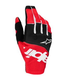 Alpinestars 2025 Techstar Gloves, Motocross Gloves, Black and Bright Red with White Accents, featuring large sublimated Alpinestars branding on the backhand and star logo on the knuckles, durable stretch fabric for off-road racing