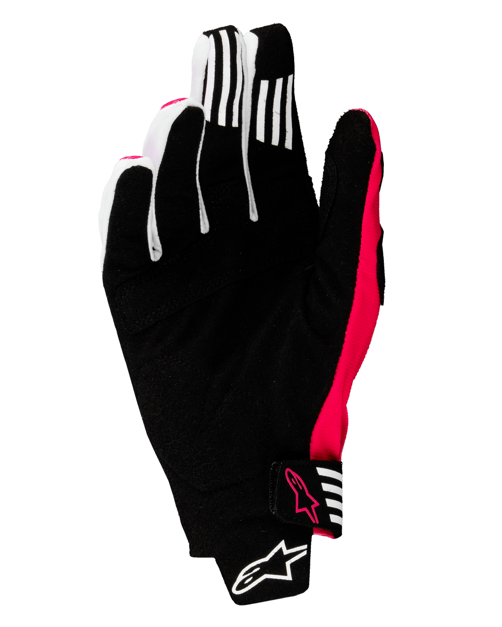 Alpinestars 2025 Techstar Gloves, Motocross Gloves, Black and Pink Fluo, palm view featuring reinforced synthetic suede, white grip stripes on fingers, pink fluo accents and logos, seamless wrist closure with Alpinestars branding