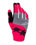 Alpinestars 2025 Techstar Gloves, Motocross Gloves, Pink Fluo Gray and Black, featuring gray knuckle panels with white logo, bold black branding on neon pink stretch fabric, lightweight design with white accents for off-road performance