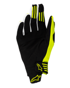 Alpinestars 2025 Techstar Gloves, Motocross Gloves, Black and Yellow Fluo, palm side view featuring reinforced synthetic suede, silicone grip stripes on the first and second fingers, and a secure wrist closure with yellow logos.