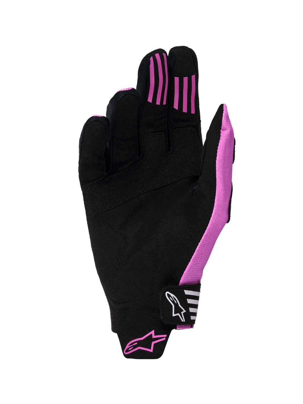 Alpinestars 2026 Techstar Handschuhe, Motocross-Handschuhe, Schwarz und Lila, Handflächenansicht mit Konstruktion aus synthetischem Wildleder, Silikon-Grip-Streifen an den Fingern und geformtem Klettverschluss mit Branding.