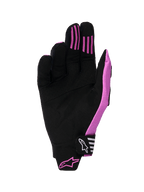 Alpinestars 2026 Techstar Handschuhe, Motocross-Handschuhe, Schwarz und Lila, Handflächenansicht mit Konstruktion aus synthetischem Wildleder, Silikon-Grip-Streifen an den Fingern und geformtem Klettverschluss mit Branding.