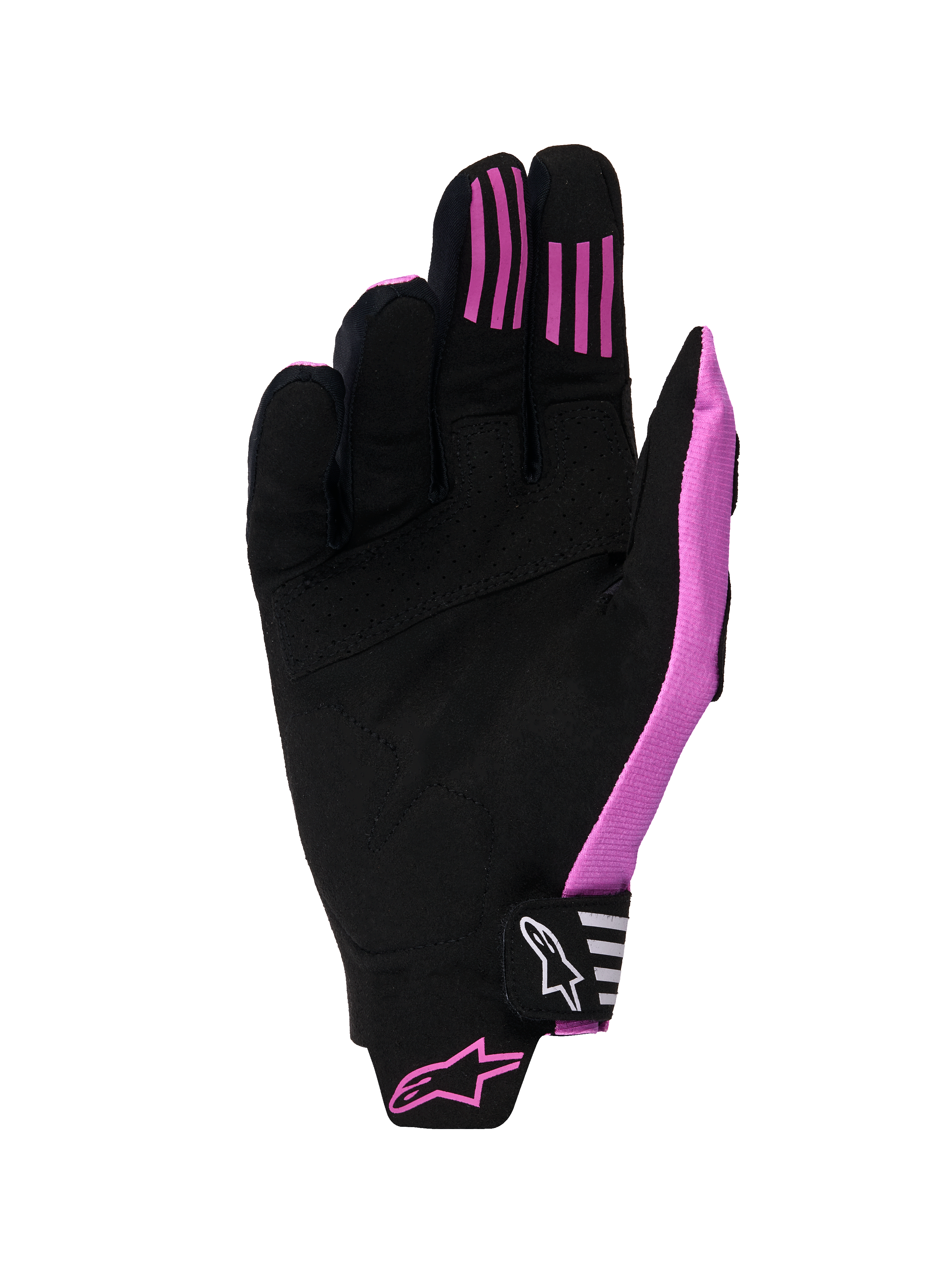 Alpinestars 2026 Techstar Handschuhe, Motocross-Handschuhe, Schwarz und Lila, Handflächenansicht mit Konstruktion aus synthetischem Wildleder, Silikon-Grip-Streifen an den Fingern und geformtem Klettverschluss mit Branding.