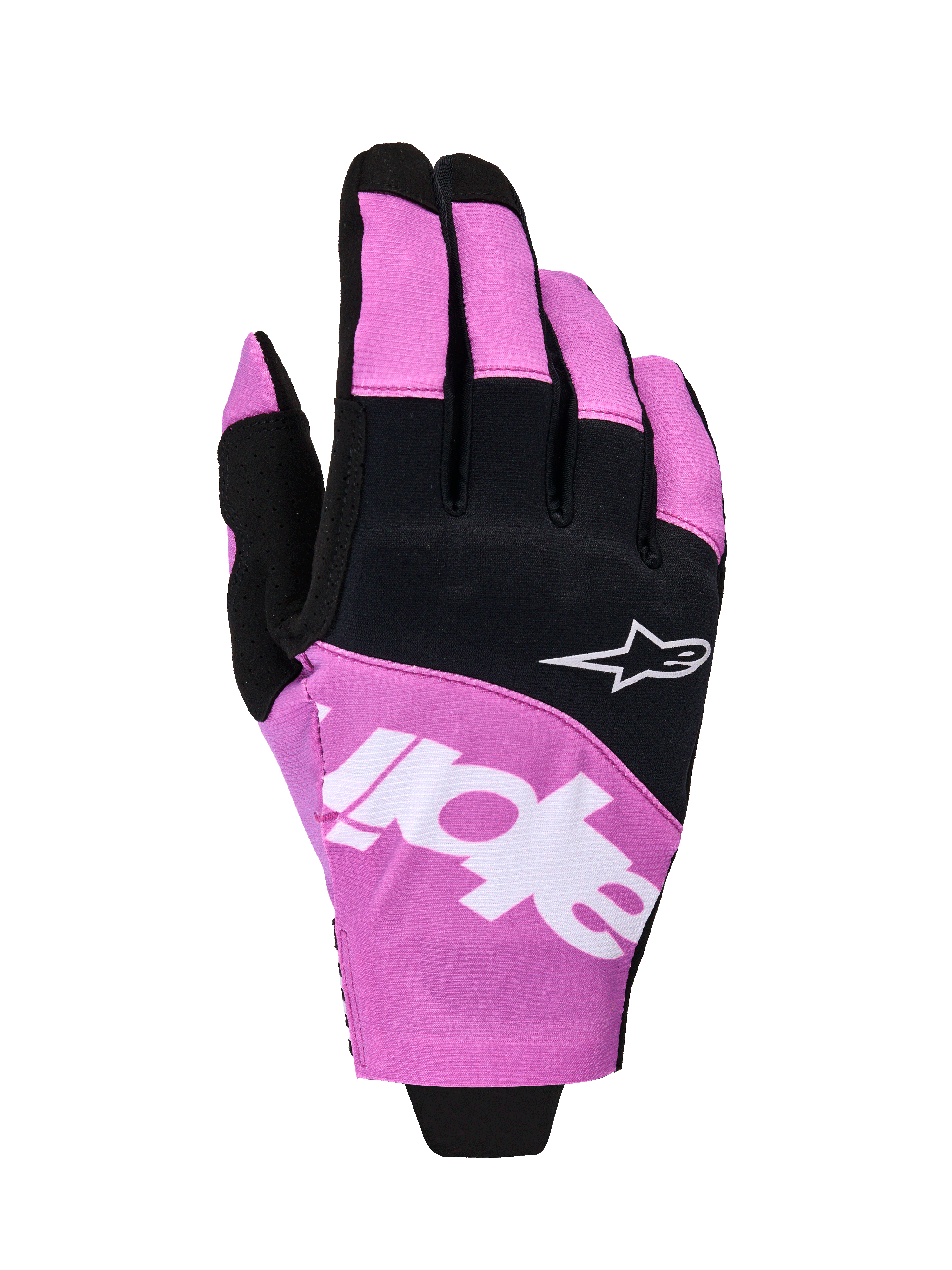 Alpinestars 2026 Techstar Handschuhe, Motocross-Handschuhe, Schwarz und Lila, Ansicht der Oberhand mit weißem Astar-Logo und Branding, Stretch-Mikro-Ripstop-Konstruktion, leistungsstarker Offroad-Handschutz