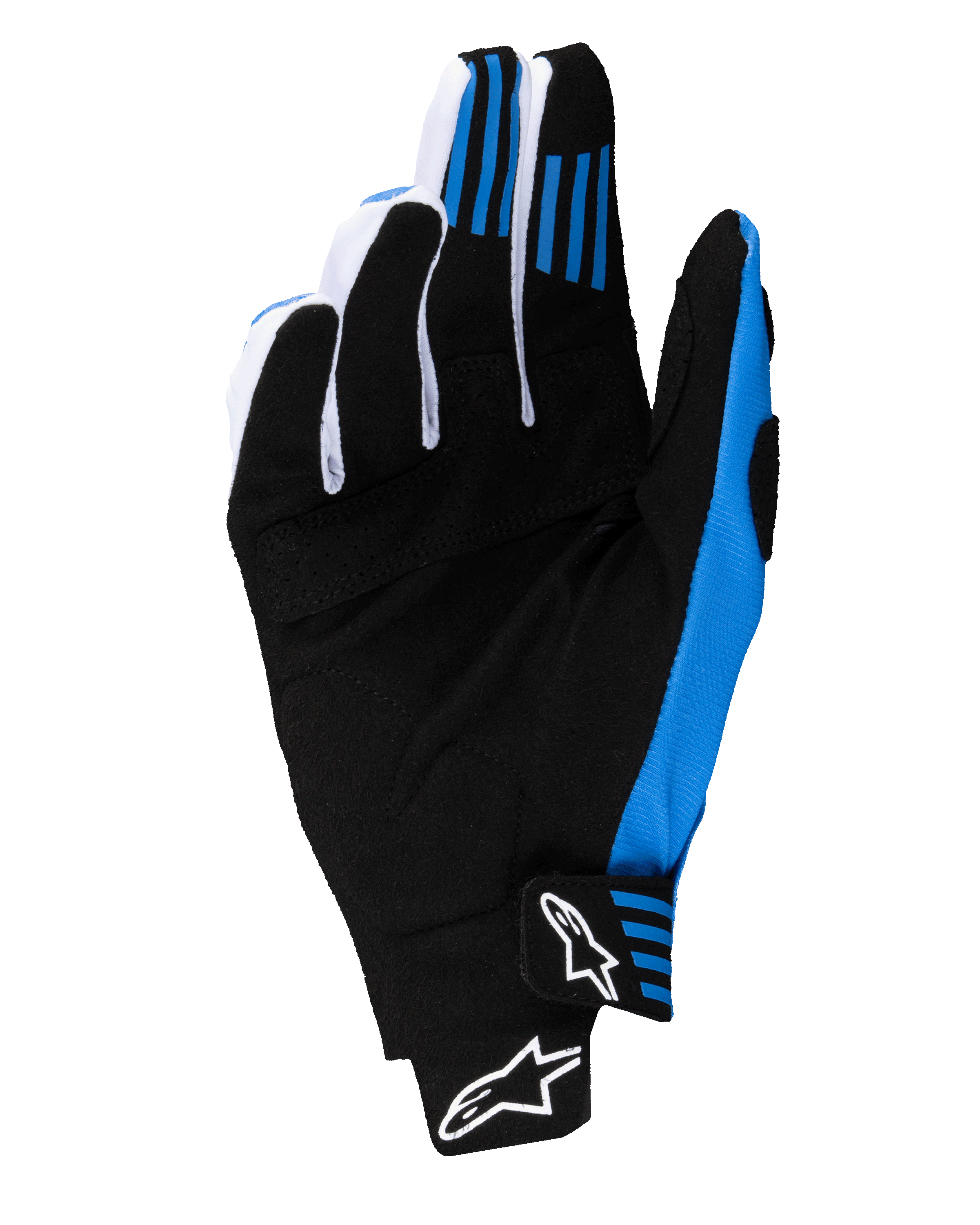 Alpinestars 2025 Techstar Handschuhe, Motocross-Handschuhe, Schwarz und Blau, Handflächenansicht zeigt verstärkte Konstruktion aus synthetischem Wildleder, blaue Silikon-Gripelemente an den Fingern und nahtlosen Handgelenkverschluss mit weißen Astars-Logos.