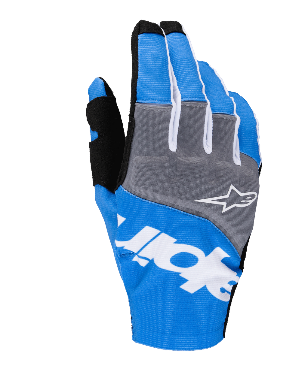 Alpinestars 2025 Techstar Handschuhe, Motocross-Rennhandschuhe, Blau und Grau mit weißen und schwarzen Akzenten, weißes Stern-Logo auf dem Knöchelbereich, markantes weißes Branding auf dem Handrücken, gerippte Textilkonstruktion für den Offroad-Rennsport