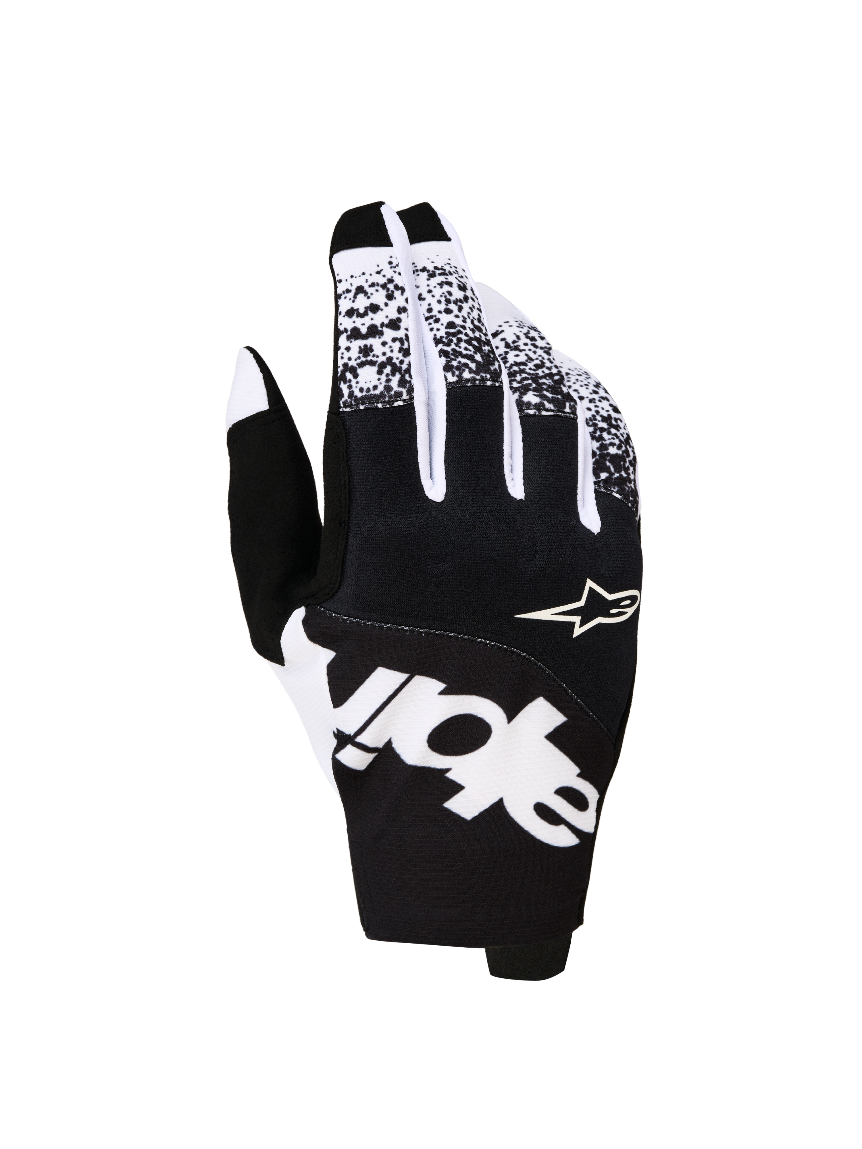 Alpinestars Techstar Handschuhe 2027, Motocross-Rennhandschuhe für Herren, Schwarz und Weiß, Grafiken, Textilkonstruktion.