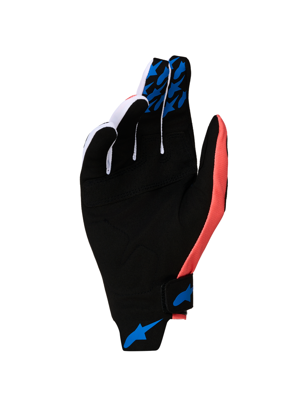 Alpinestars Techstar Handschuhe 2027, Motocrosshandschuhe, Schwarz und Pink, Wildleder-Handfläche mit blauen Silikon-Grips.