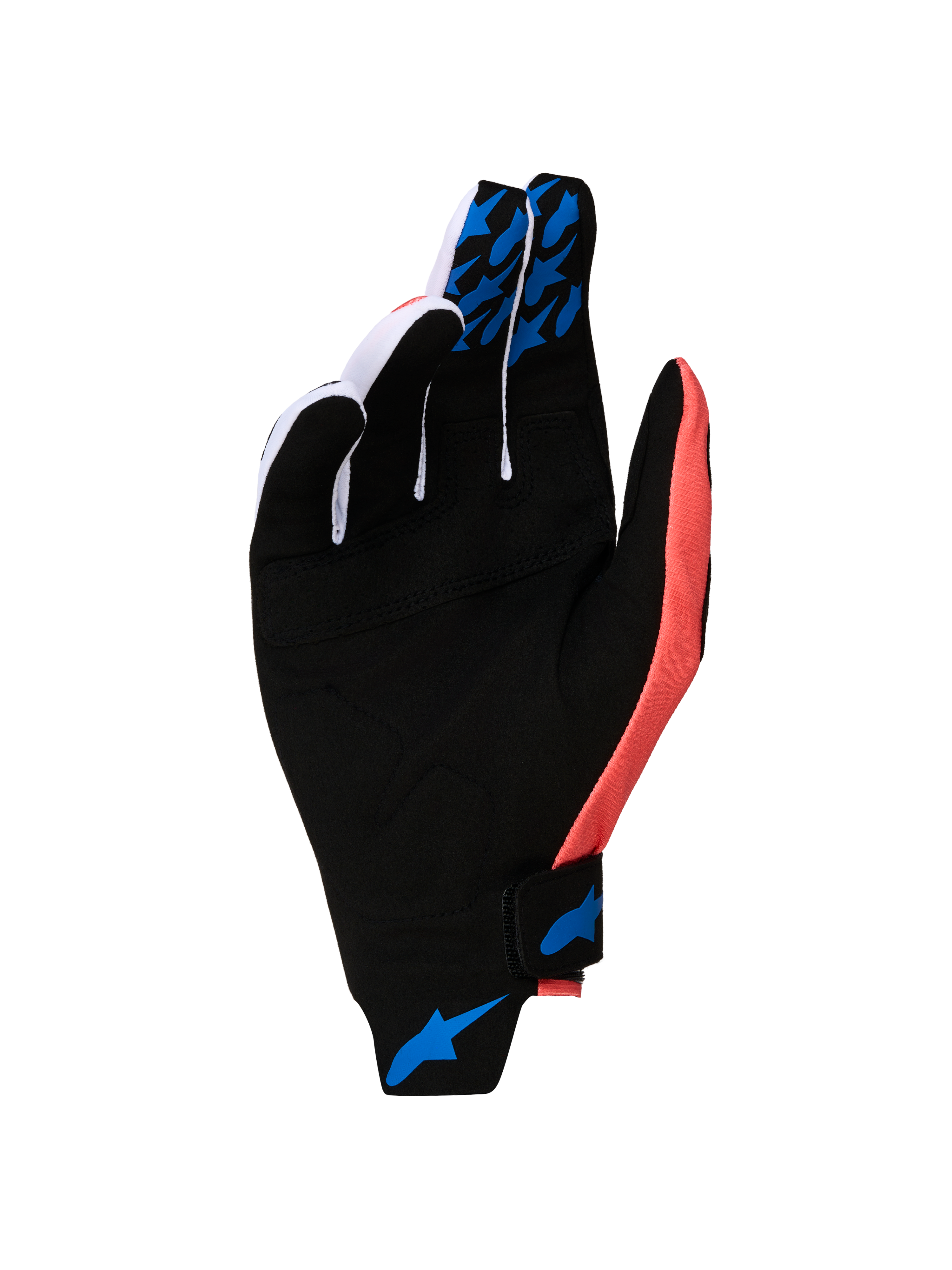 Alpinestars Techstar Handschuhe 2027, Motocrosshandschuhe, Schwarz und Pink, Wildleder-Handfläche mit blauen Silikon-Grips.