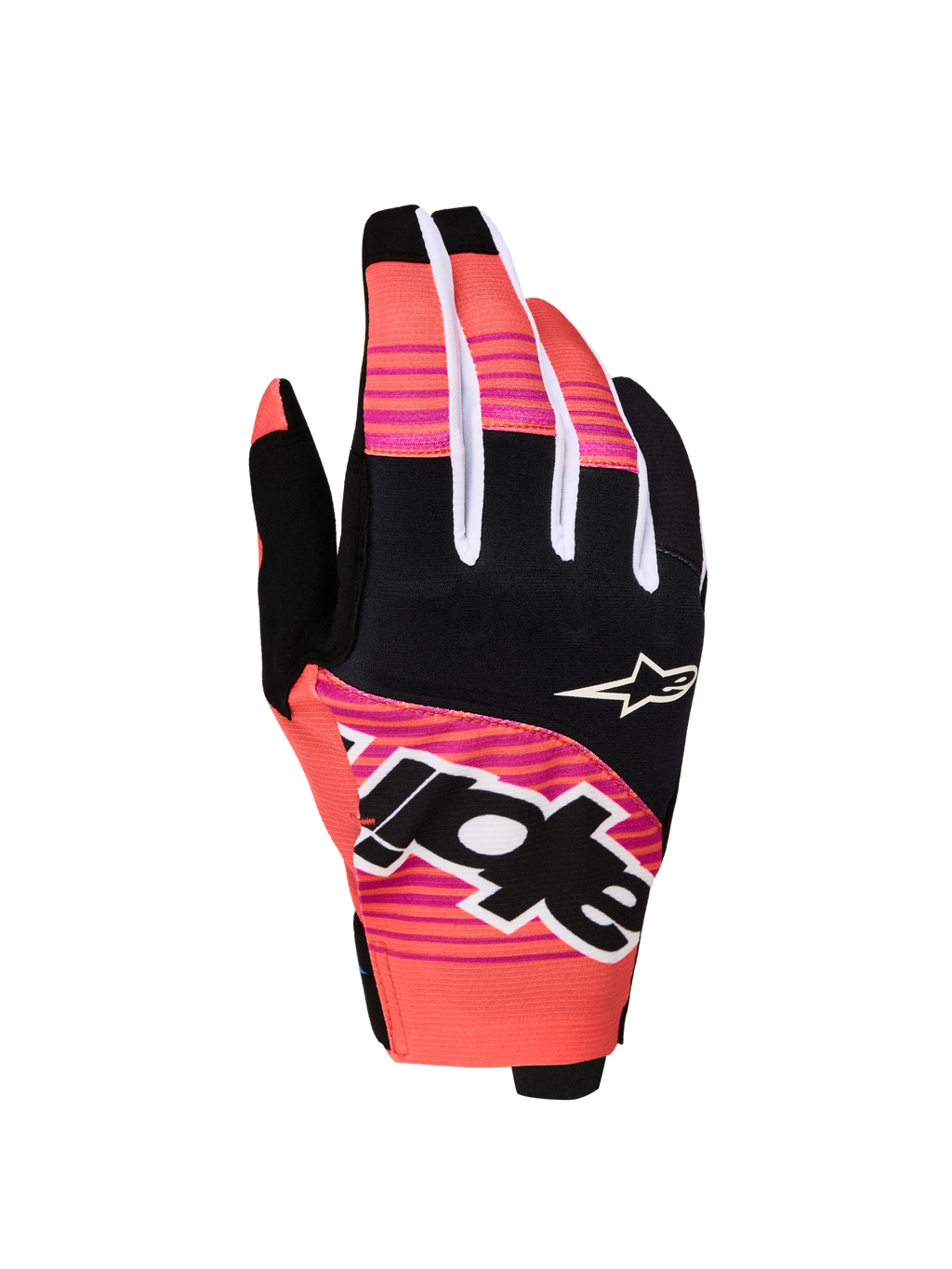 Alpinestars Techstar Handschuhe 2027, Motocross-Handschuhe in Pink und Schwarz, sublimierte Grafiken, Neopren-Knöchelschutz.