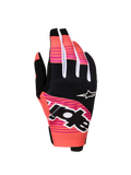 Alpinestars Techstar Gloves 2027, pink and black motocross racing gloves with sublimated graphics and neoprene knuckles.