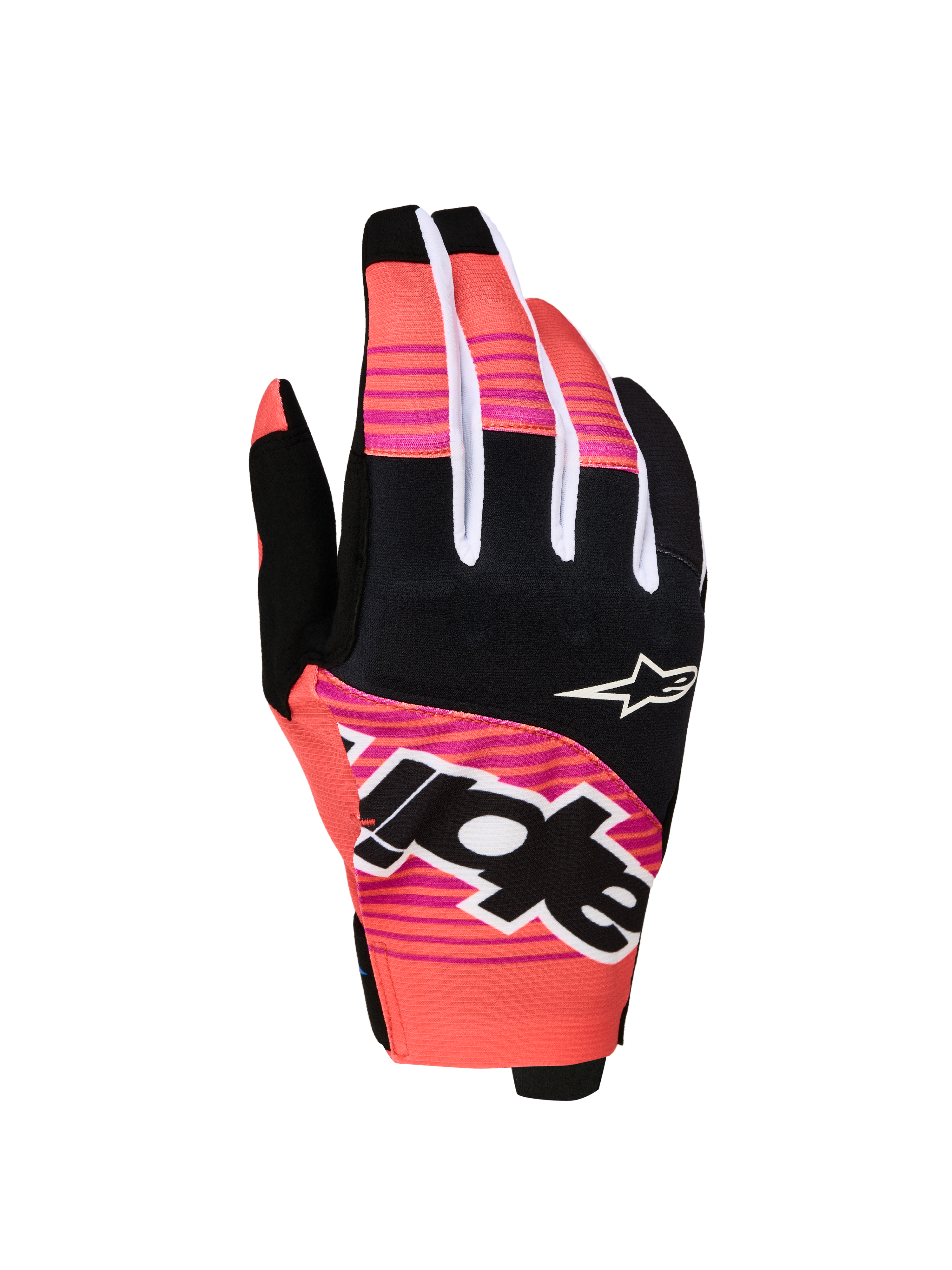 Alpinestars Techstar Handschuhe 2027, Motocross-Handschuhe in Pink und Schwarz, sublimierte Grafiken, Neopren-Knöchelschutz.