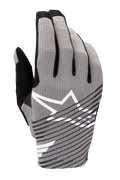 Alpinestars 2025 Radar Pro Handschuhe, Motocross-Handschuhe, Grau mit schwarzen und weißen Akzenten, atmungsaktive 4-Wege-Stretch-Mesh-Oberhand, weißes Stern-Logo, schwarzes diagonal gestreiftes Design, minimalistischer Performance-Rennstil