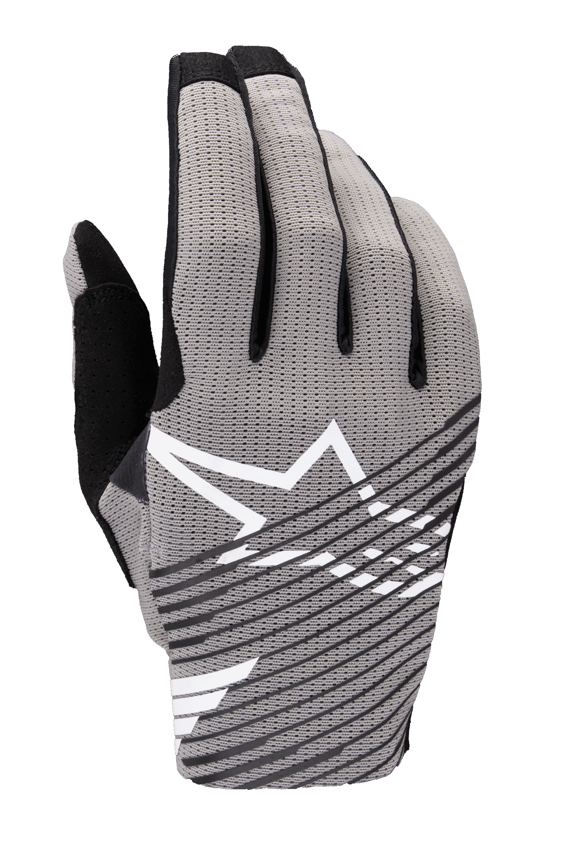 Alpinestars 2025 Radar Pro Handschuhe, Motocross-Handschuhe, Grau mit schwarzen und weißen Akzenten, atmungsaktive 4-Wege-Stretch-Mesh-Oberhand, weißes Stern-Logo, schwarzes diagonal gestreiftes Design, minimalistischer Performance-Rennstil