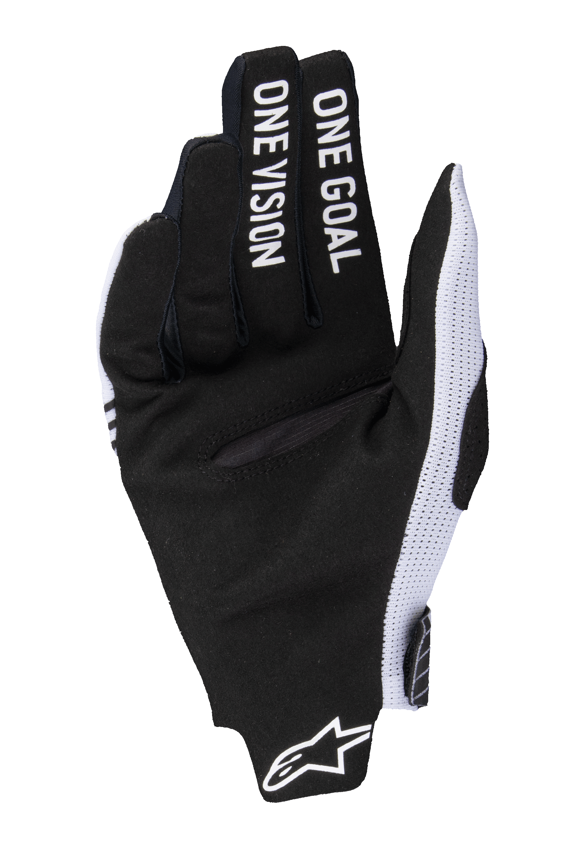 Alpinestars 2025 Radar Pro Handschuhe, Motocross-Handschuhe, Weiß und Schwarz, Handflächenansicht mit schwarzem synthetischem Wildleder, „ONE GOAL ONE VISION“-Schriftzug auf den Fingern, weißen Mesh-Seitenpaneelen und Alpinestars-Logo am Handgelenk.
