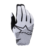 Alpinestars 2025 Radar Pro Handschuhe, Motocross-Handschuhe, Weiß und Schwarz, Ansicht der Oberhand mit perforierter Mesh-Konstruktion, schwarzes Alpinestars Stern-Logo mit horizontalen Grafiklinien und schwarzen Fingerakzenten