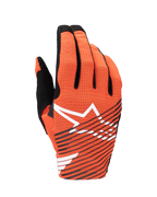 Alpinestars Radar Pro Handschuhe 2025, Motocross-Handschuhe, Hot Orange und Schwarz, mit einem großen weißen Stern-Logo und schwarzen diagonalen Streifen auf einer perforierten Mesh-Oberhand, entwickelt für leichtgewichtige Performance und Luftzirkulation
