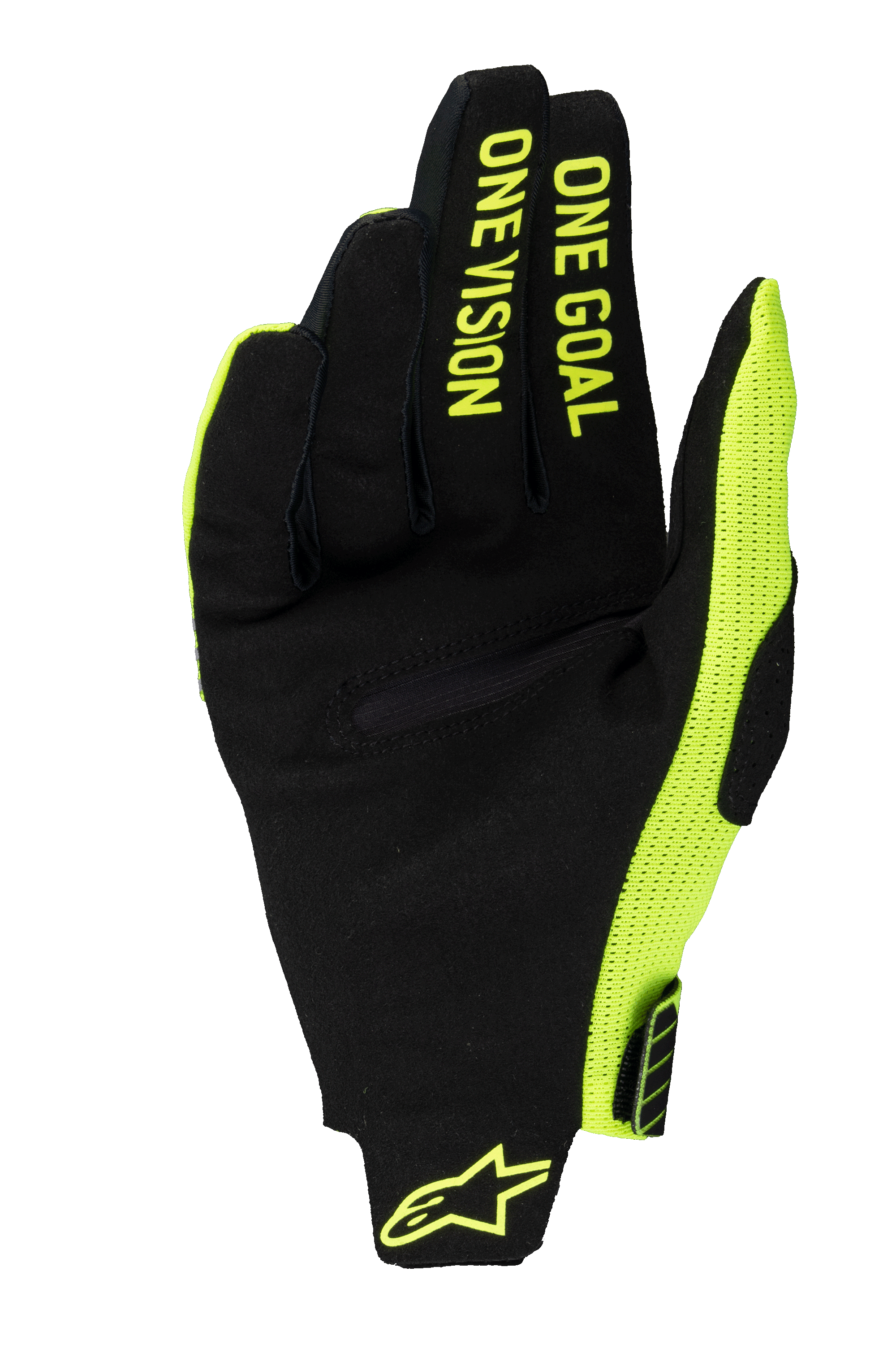 Alpinestars 2025 Radar Pro Handschuhe, Motocross-Handschuhe, Gelb Fluo und Schwarz, Handflächenansicht aus synthetischem Wildleder mit „ONE GOAL ONE VISION“-Schriftzug auf den Fingern, neongelbem Mesh-Seitenpaneel und Logo am Handgelenk.