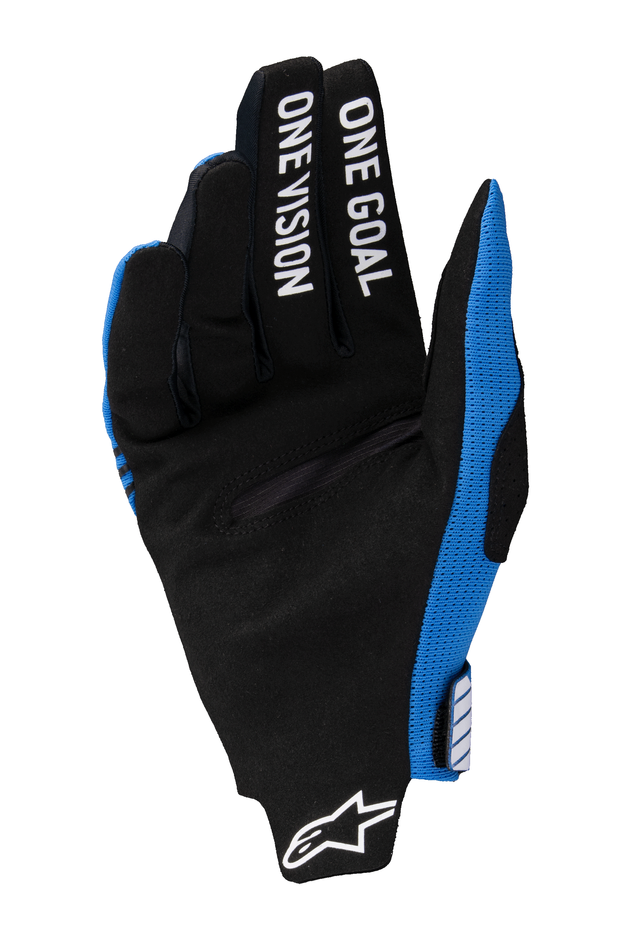 Alpinestars 2025 Radar Pro Handschuhe, Motocross-Handschuhe, Blau und Schwarz, Handflächenansicht mit schwarzem synthetischem Wildleder, weißer Aufdruck „ONE GOAL ONE VISION“ auf den Fingern, weißes Alpinestars-Logo am Handgelenk, leichtes Offroad-Rennsport-Design