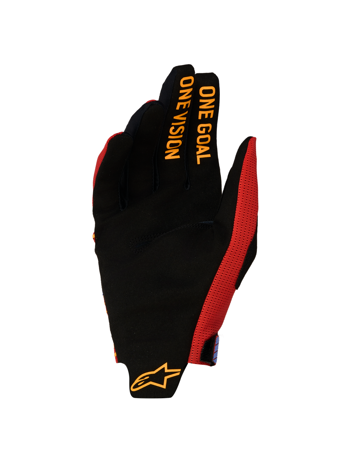 Alpinestars Radar Pro Herren-Motocross-Handschuhe in Rot und Schwarz, Wildlederhandfläche und One Goal One Vision Grafik.