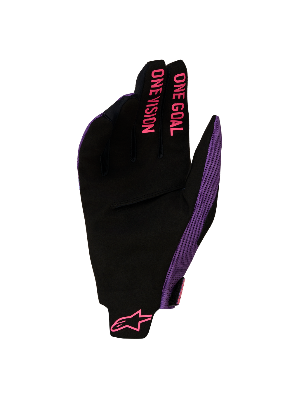 Alpinestars Radar Pro Handschuhe 2027, Motocross-Handschuhe in Schwarz und Lila mit pinker ONE GOAL ONE VISION Fingergrafik